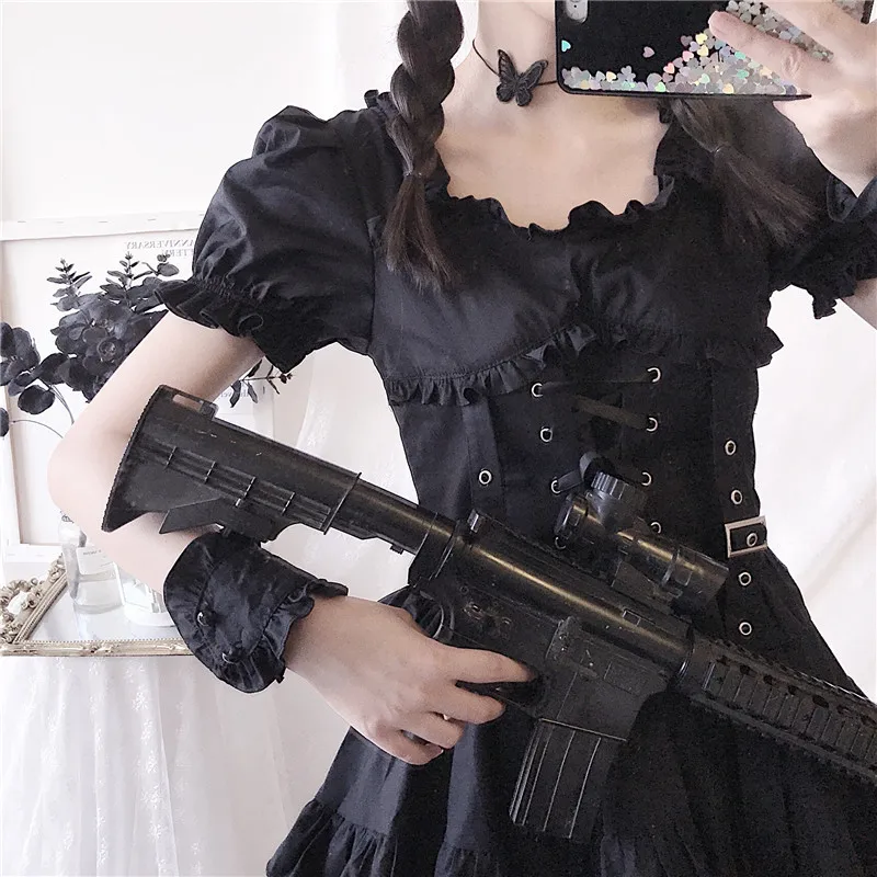 Japanese Lolita Kawaii High Waist Puff Sleeve Black Dress