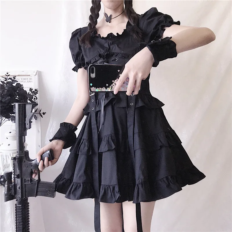 Japanese Lolita Kawaii High Waist Puff Sleeve Black Dress