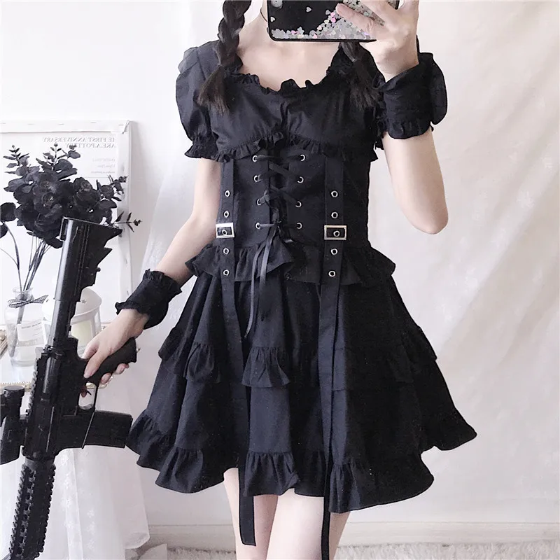 Japanese Lolita Kawaii High Waist Puff Sleeve Black Dress