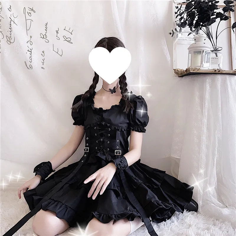 Japanese Lolita Kawaii High Waist Puff Sleeve Black Dress