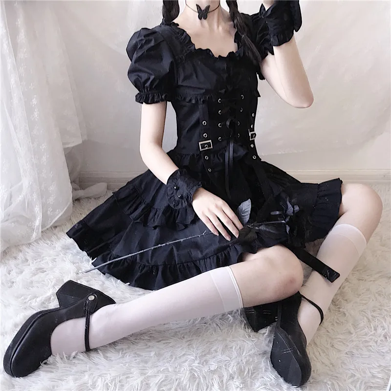 Japanese Lolita Kawaii High Waist Puff Sleeve Black Dress