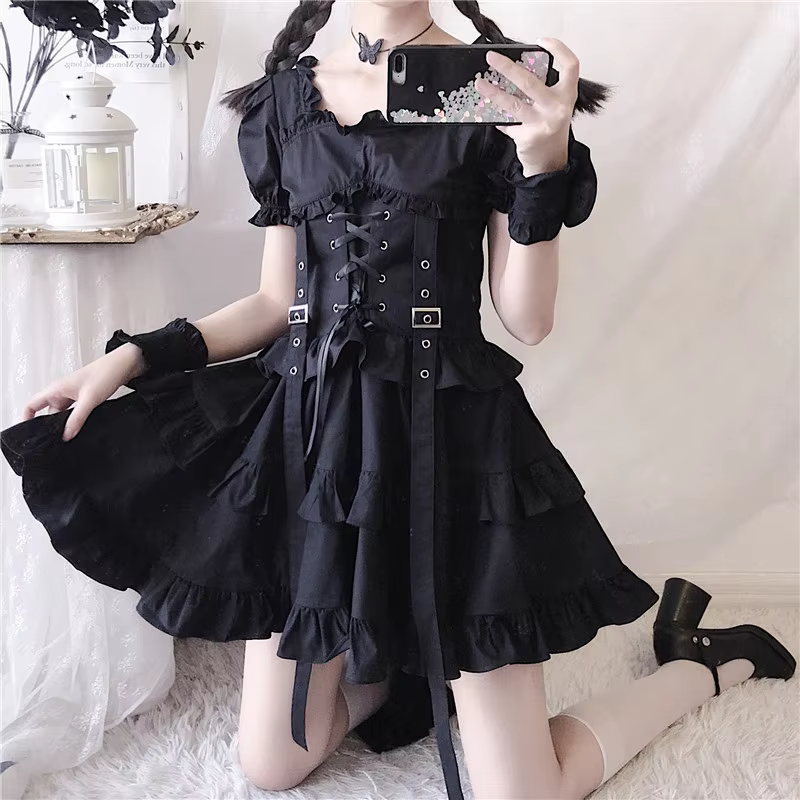Japanese Lolita Kawaii High Waist Puff Sleeve Black Dress