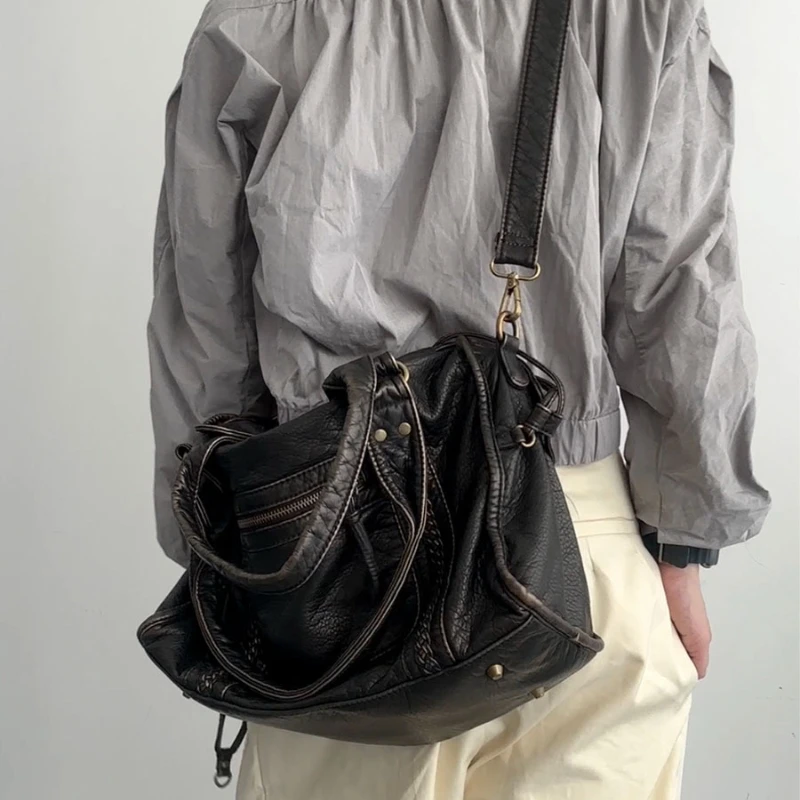 One Shoulder Crossbody Vintage Gothic Black Leather Bag