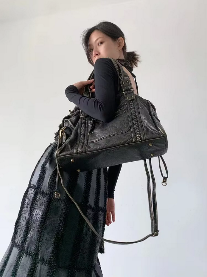 One Shoulder Crossbody Vintage Gothic Black Leather Bag