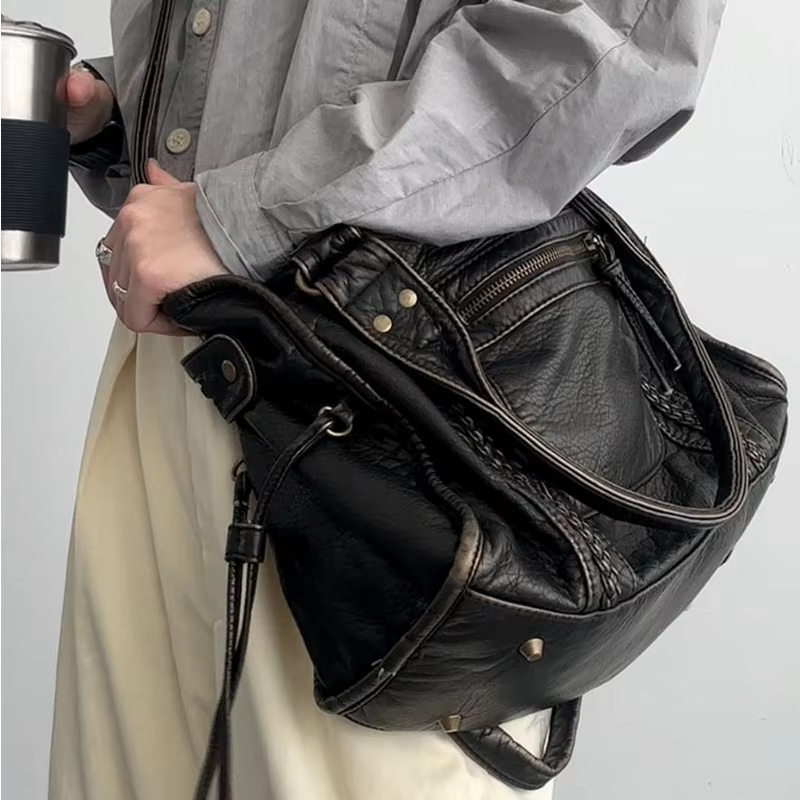 One Shoulder Crossbody Vintage Gothic Black Leather Bag