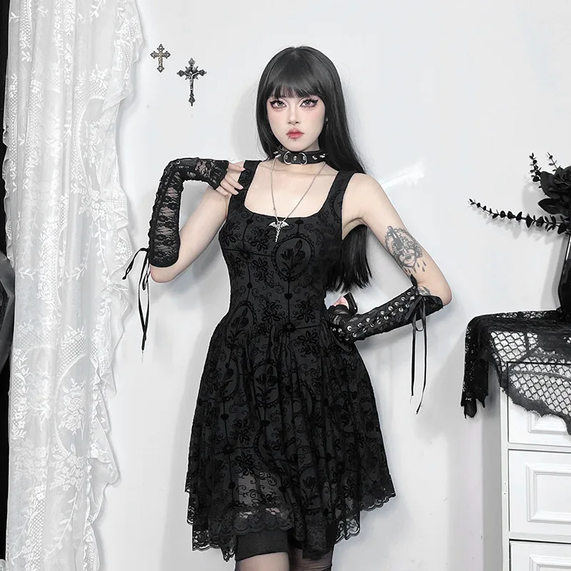 Y2k E-girl Lace Patchwork Goth A-line Dress Women