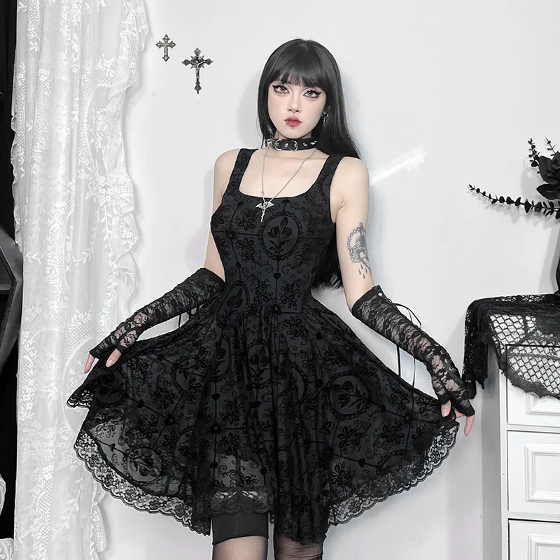 Y2k E-girl Lace Patchwork Goth A-line Dress Women