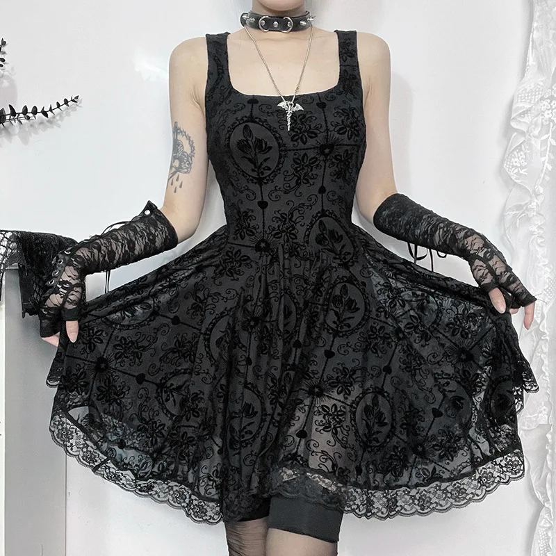 Y2k E-girl Lace Patchwork Goth A-line Dress Women