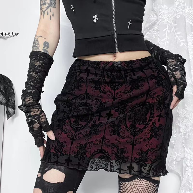 Gothic Lace Trim Sexy High Waist Hem Bodycon Mini Skirt