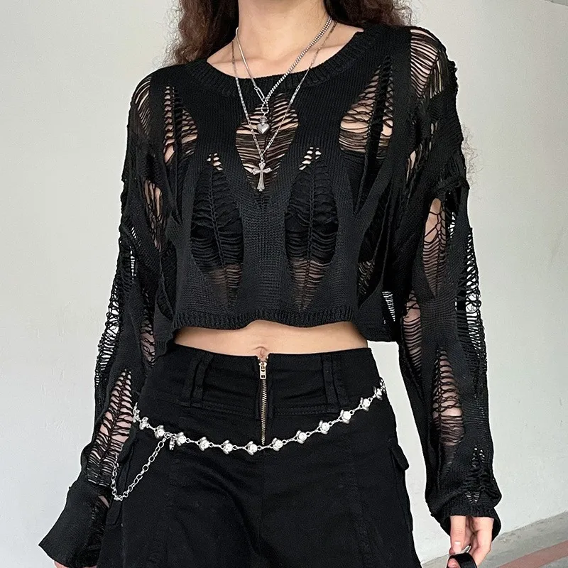 Black Gothic Hollow Out Knitted Pullover Top