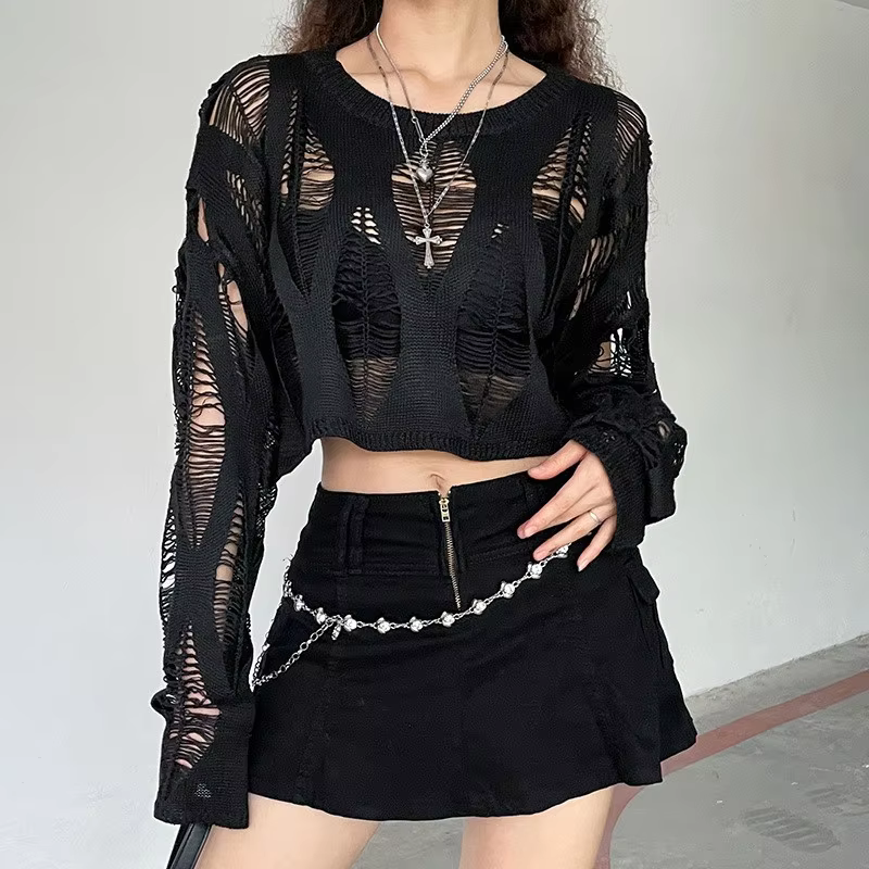 Black Gothic Hollow Out Knitted Pullover Top