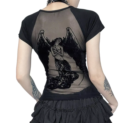 Black Angel Wings Lace Mesh T-Shirts Y2K
