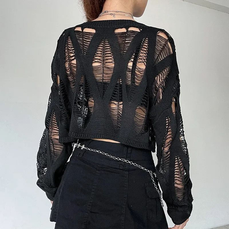 Black Gothic Hollow Out Knitted Pullover Top