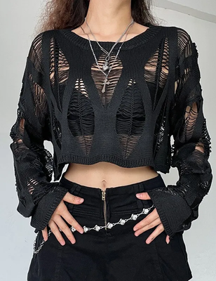 Black Gothic Hollow Out Knitted Pullover Top