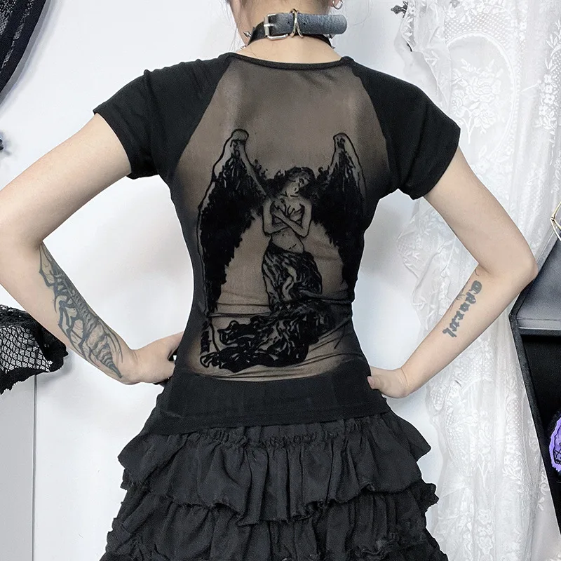 Black Angel Wings Lace Mesh T-Shirts Y2K
