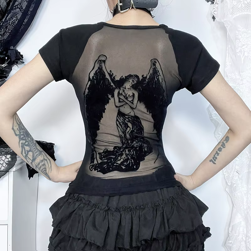 Black Angel Wings Lace Mesh T-Shirts Y2K