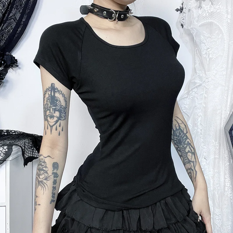 Black Angel Wings Lace Mesh T-Shirts Y2K