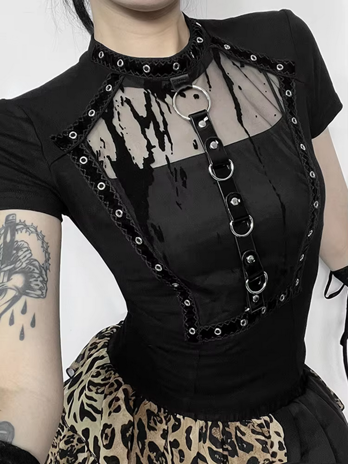 Black Hollow Rivet Metal Top T-Shirt