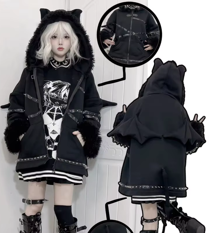 Women&#39;s Harajuku Punk Gothic Girls&#39; Black Loose Hoodie Sweatshirt