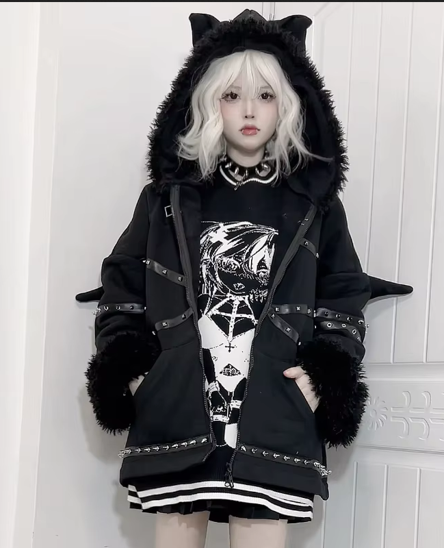 Women&#39;s Harajuku Punk Gothic Girls&#39; Black Loose Hoodie Sweatshirt