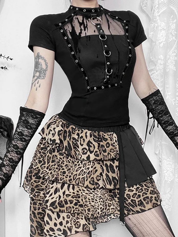 Black Hollow Rivet Metal Top T-Shirt