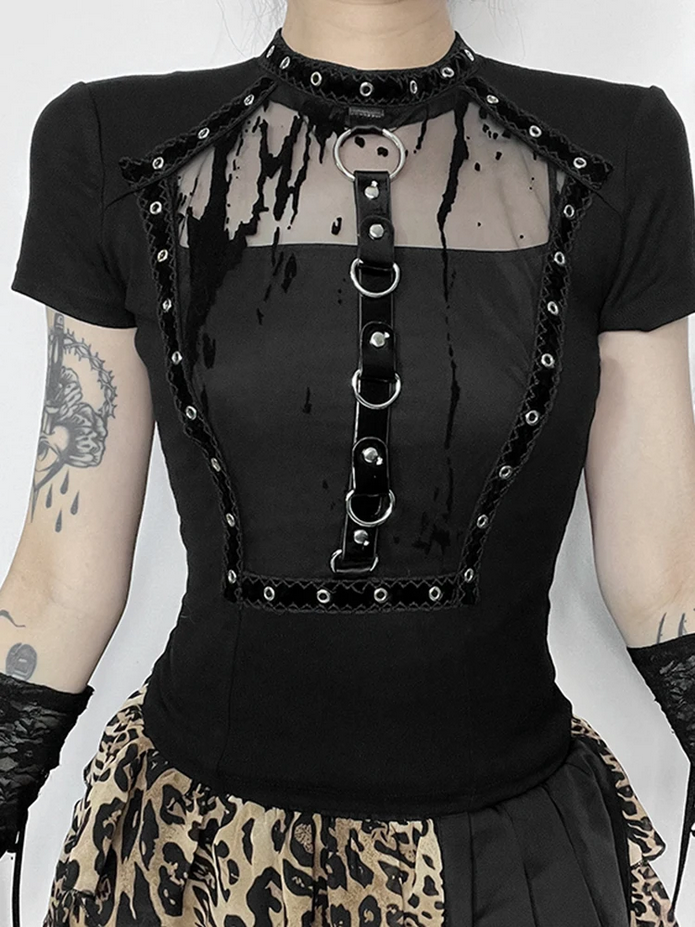 Black Hollow Rivet Metal Top T-Shirt