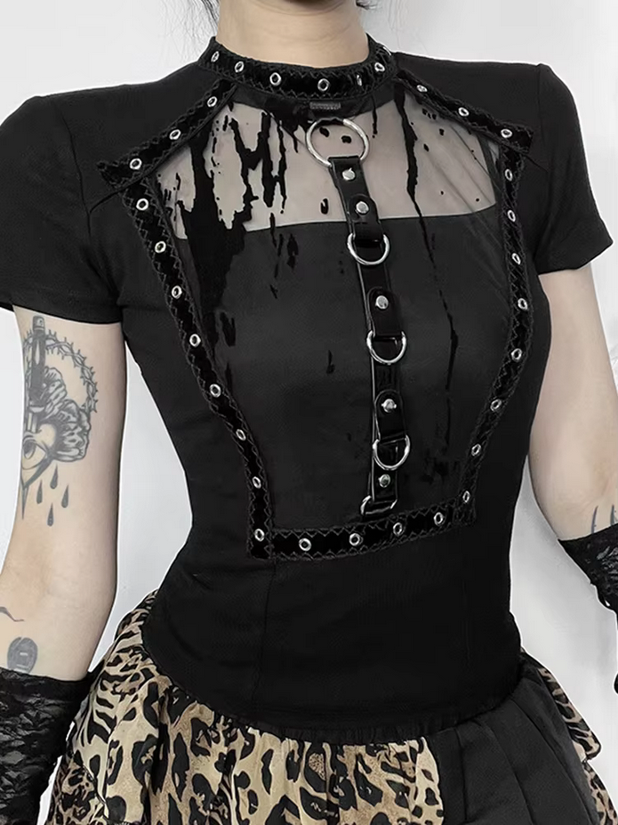 Black Hollow Rivet Metal Top T-Shirt