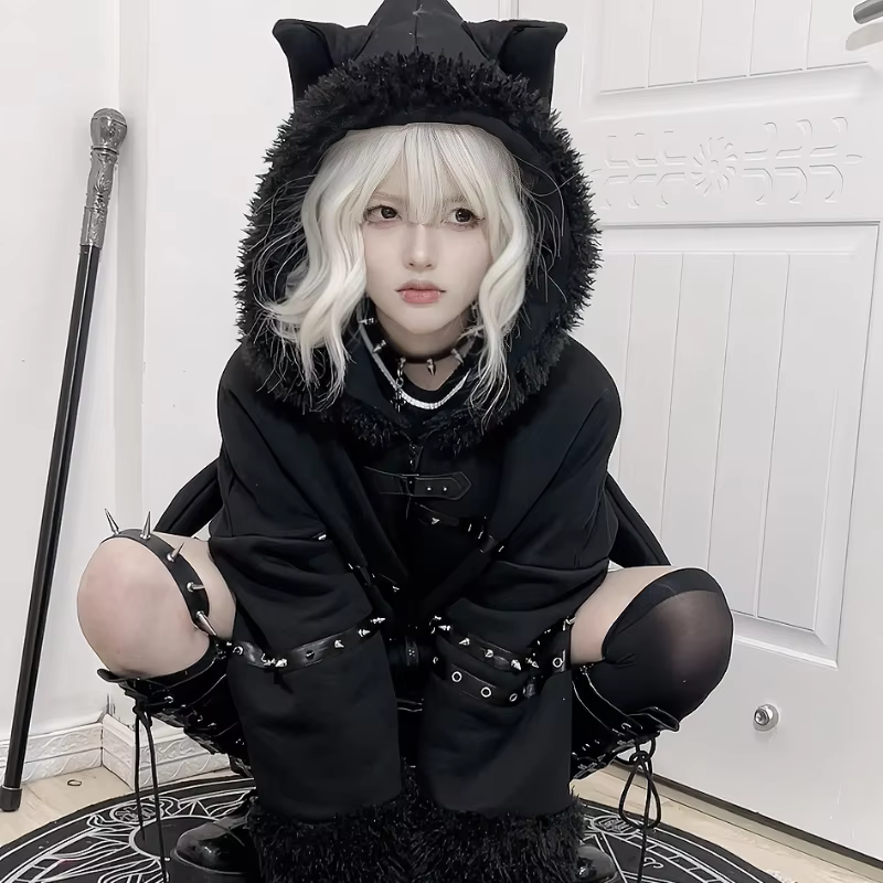 Women&#39;s Harajuku Punk Gothic Girls&#39; Black Loose Hoodie Sweatshirt