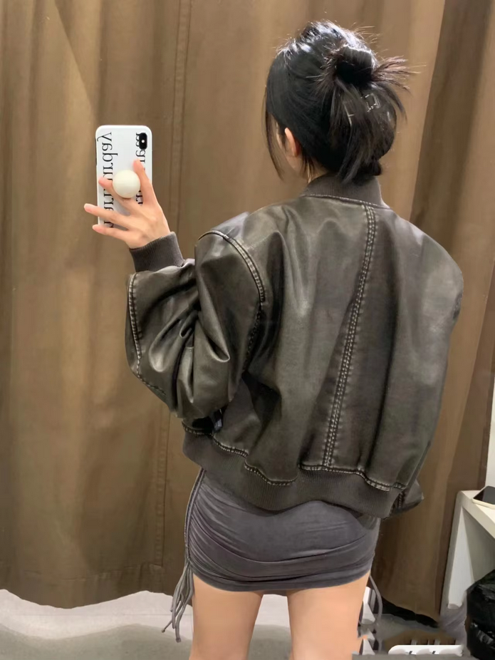 Gothic Vintage Style PU Leather Black Bomber Jacket