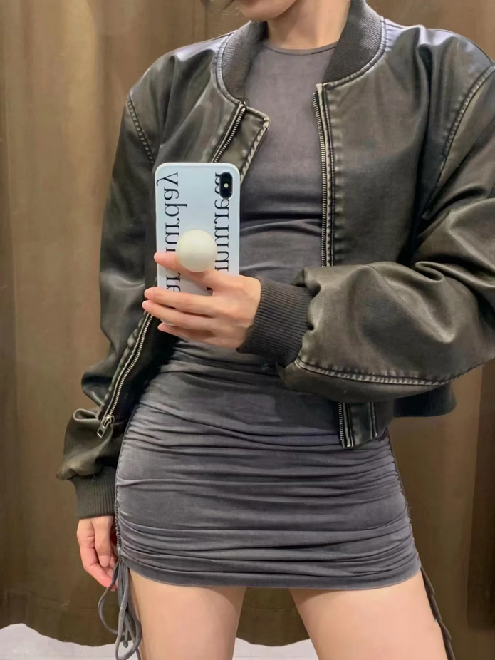 Gothic Vintage Style PU Leather Black Bomber Jacket