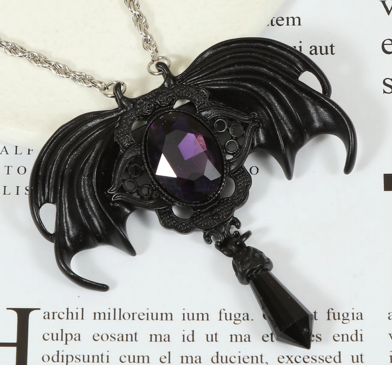 Gothic Vampire Bat Wing Black Necklace with Purple Crystal