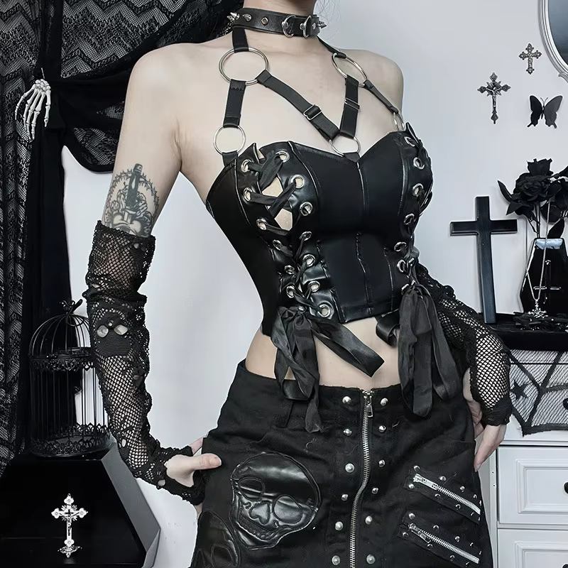 Black Gothic Punk Lace up PU Leather Bandage Top