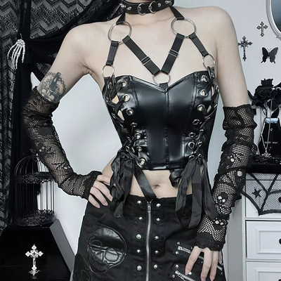 Black Gothic Punk Lace up PU Leather Bandage Top