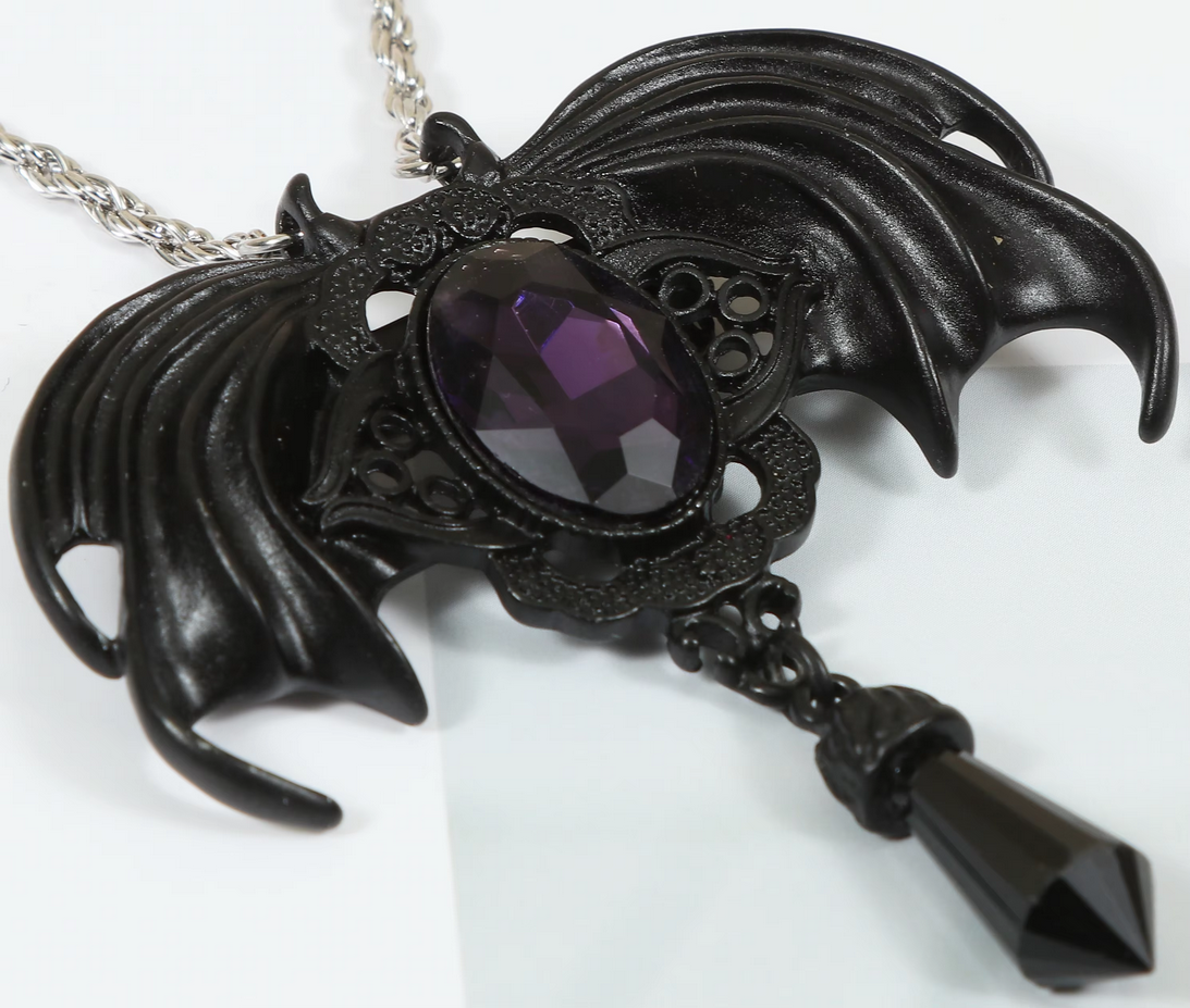 Gothic Vampire Bat Wing Black Necklace with Purple Crystal