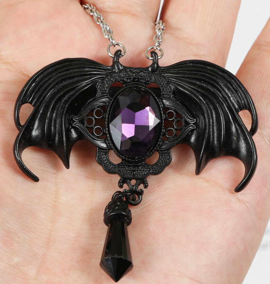 Gothic Vampire Bat Wing Black Necklace with Purple Crystal