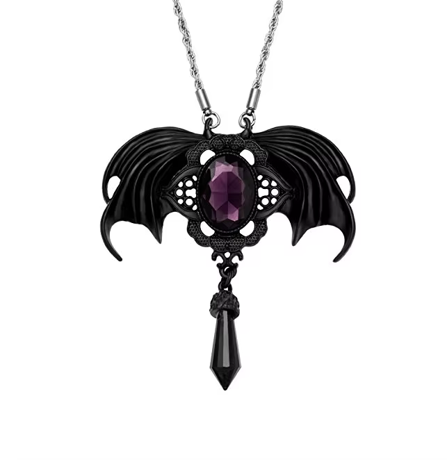 Gothic Vampire Bat Wing Black Necklace with Purple Crystal