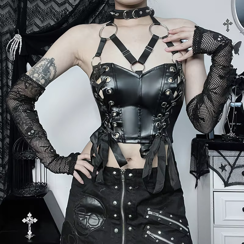 Black Gothic Punk Lace up PU Leather Bandage Top