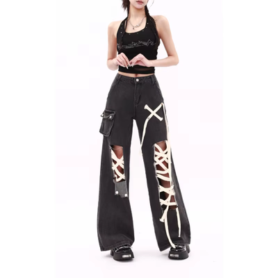 Gothic Street Style Lace up Flare Denim Pants