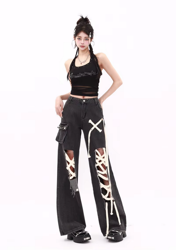 Gothic Street Style Lace up Flare Denim Pants