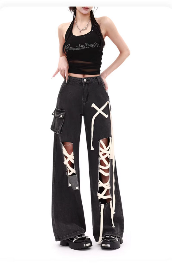 Gothic Street Style Lace up Flare Denim Pants