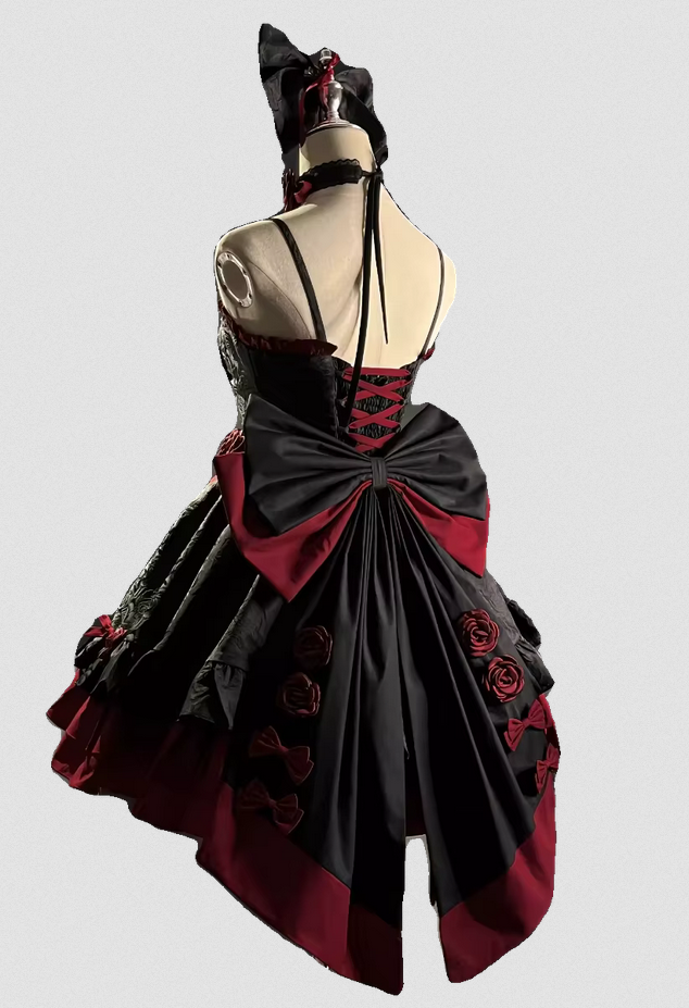 Black and Red Gothic Lolita Rose Dress with Bow