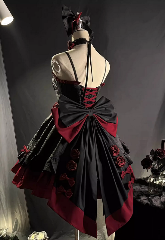 Black and Red Gothic Lolita Rose Dress with Bow
