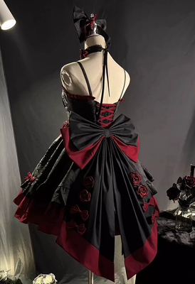 Black and Red Gothic Lolita Rose Dress with Bow