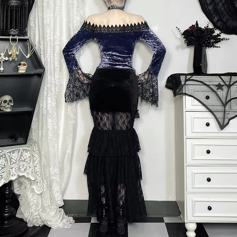 Lace and Velvet Patchwork Off the Shoulder Long Sleeve Top