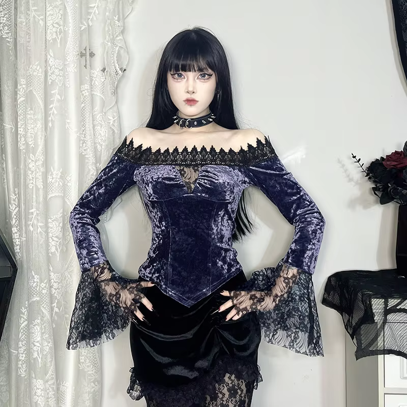 Lace and Velvet Patchwork Off the Shoulder Long Sleeve Top