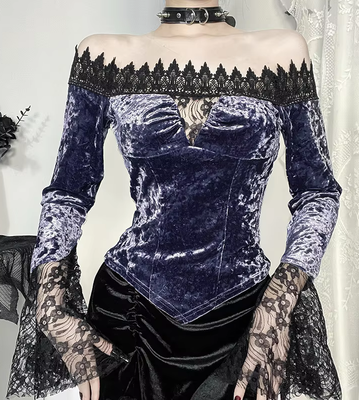 Lace and Velvet Patchwork Off the Shoulder Long Sleeve Top