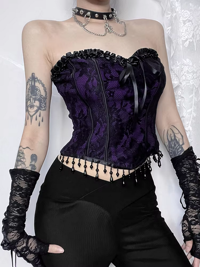 Gothic Bow and Lace Purple Corset Top