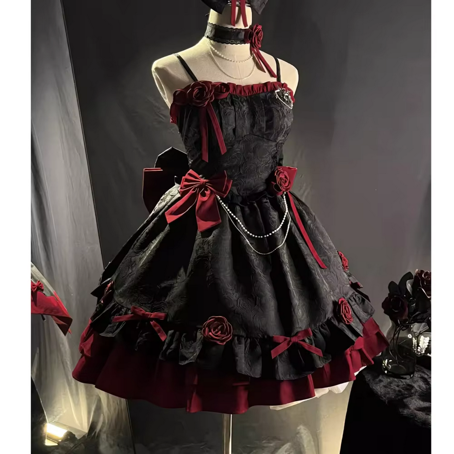 Black and Red Gothic Lolita Rose Dress with Bow