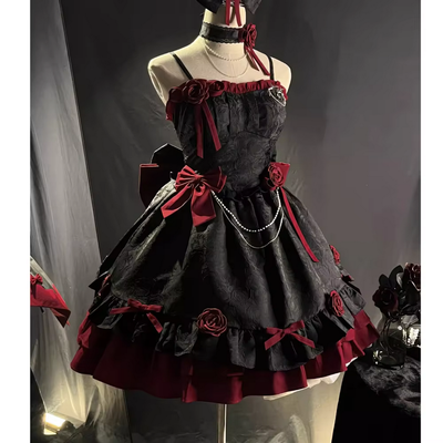 Black and Red Gothic Lolita Rose Dress with Bow