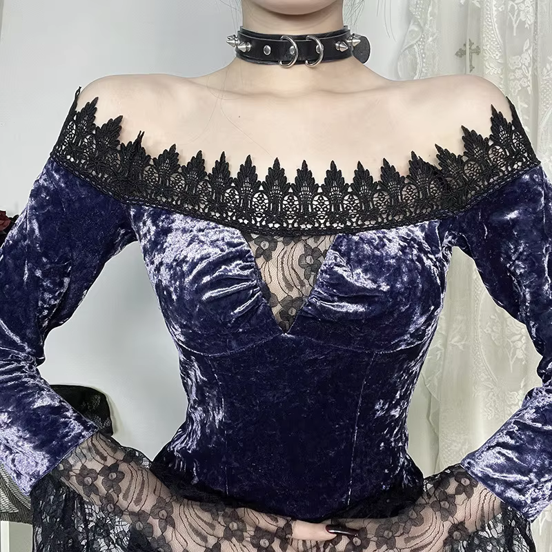 Lace and Velvet Patchwork Off the Shoulder Long Sleeve Top